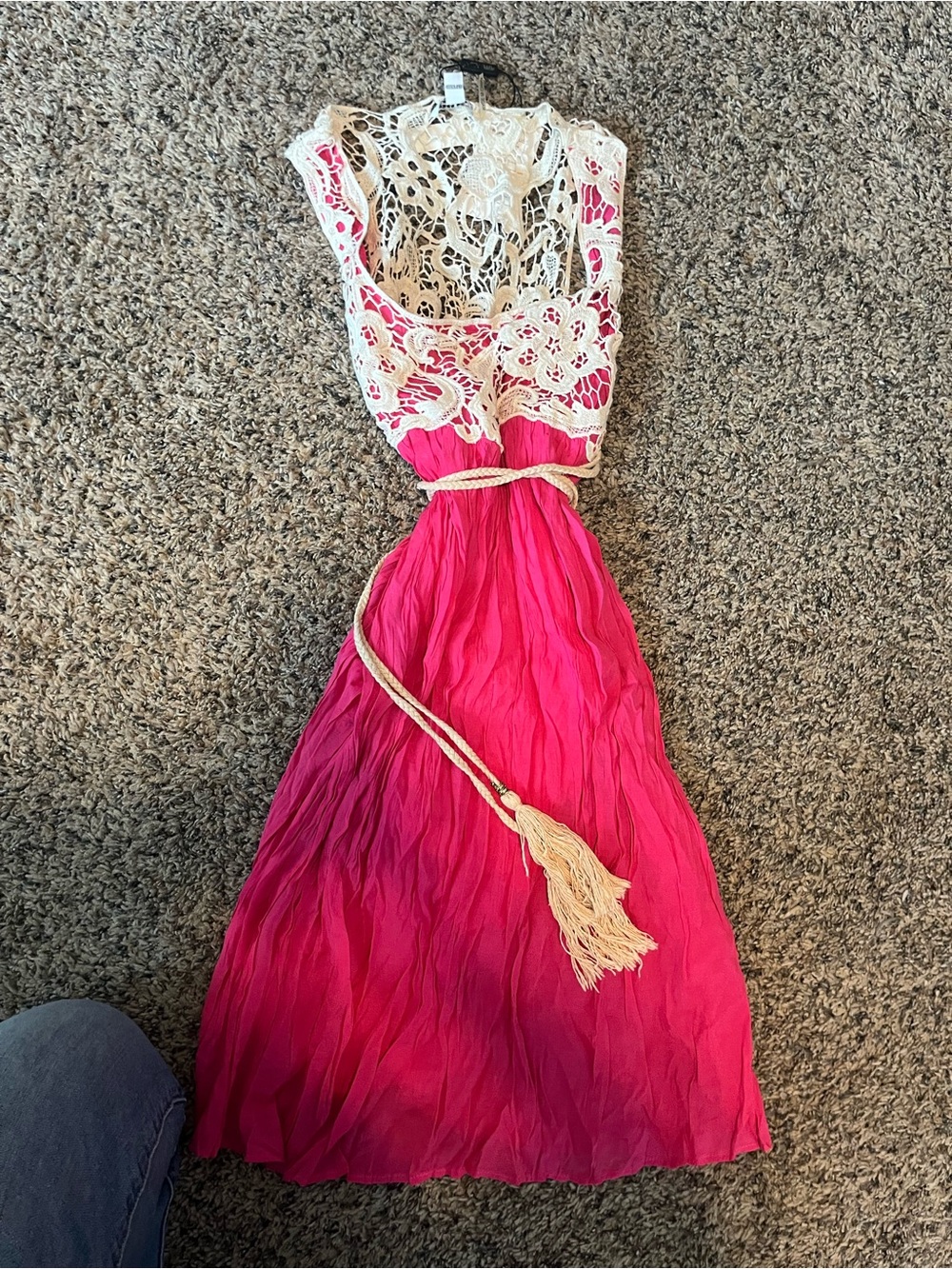 Peppe Peluso Pink Crochet Summer Dress with Tassel Tie